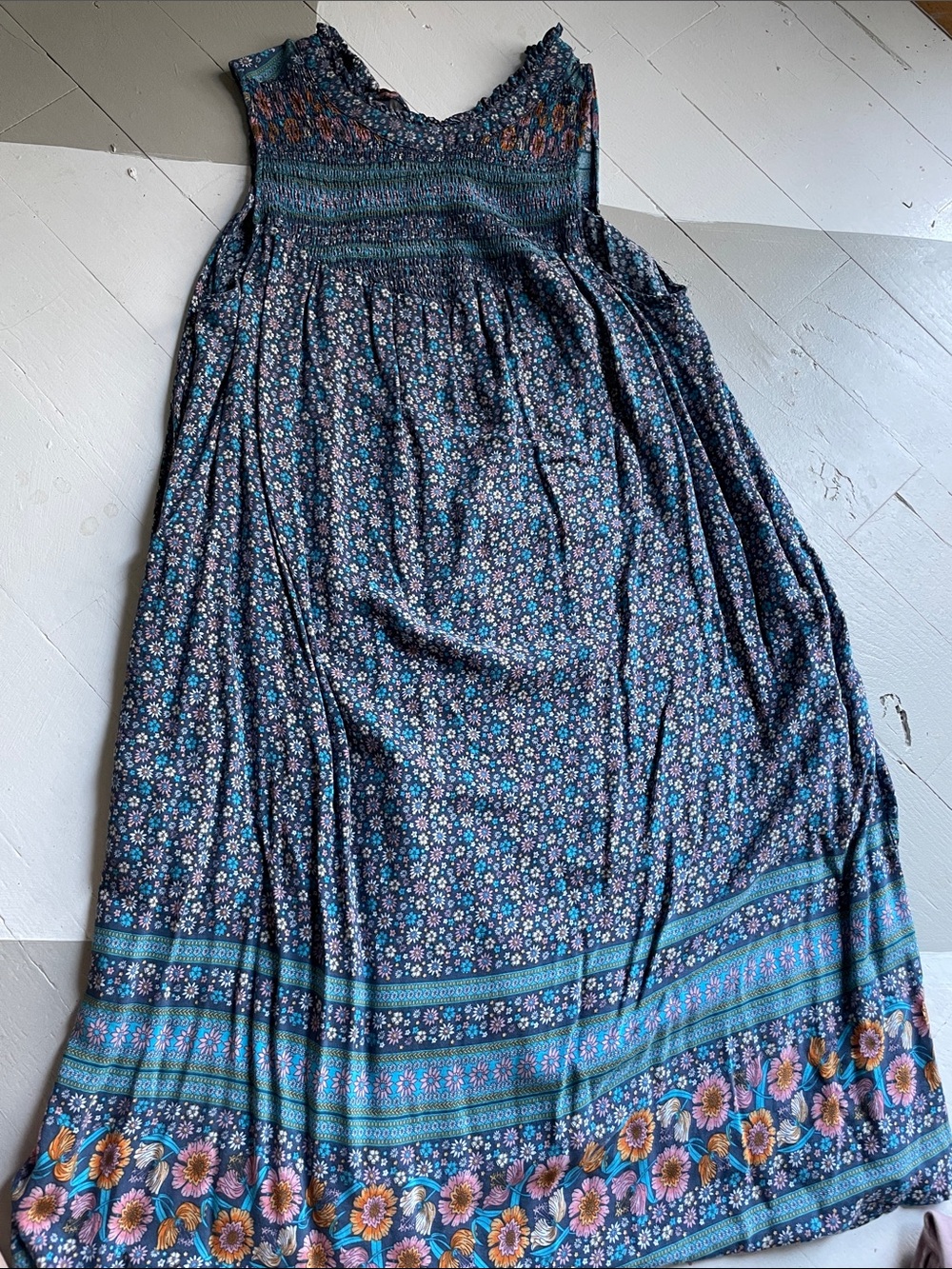 Floral Smocked Maxi Skirt - Teal Floral